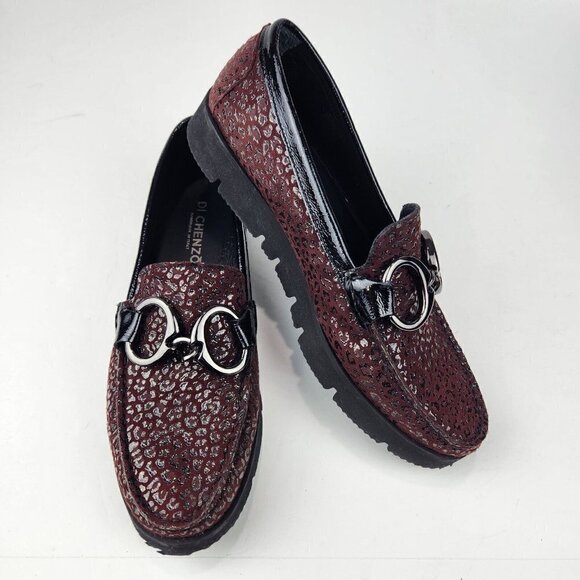 Di Chenzo Platform Loafer Womens 9.5/10 Ocelot Burgundy Leather Italian Leopard - Picture 2 of 13